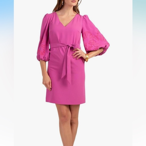 Trina Turk Dresses & Skirts - $295 Trina Turk valerian hot pink w orange Embroidered puff sleeves Sheath Dress